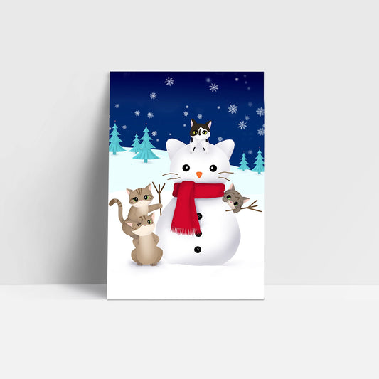 Christmas Postcard - Kitties Building a Snowman