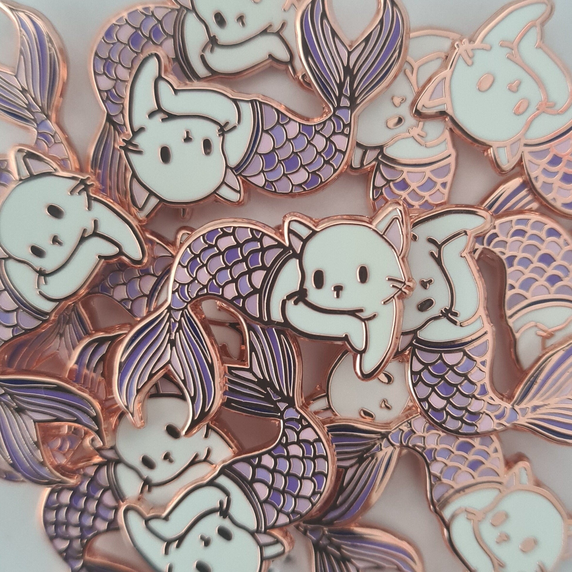 Purrmaid IV, White Cat with Purple/Mauve Mermaid Tail - Small 1&quot; Enamel Pin, Pins, Brooches & Lapel Pins