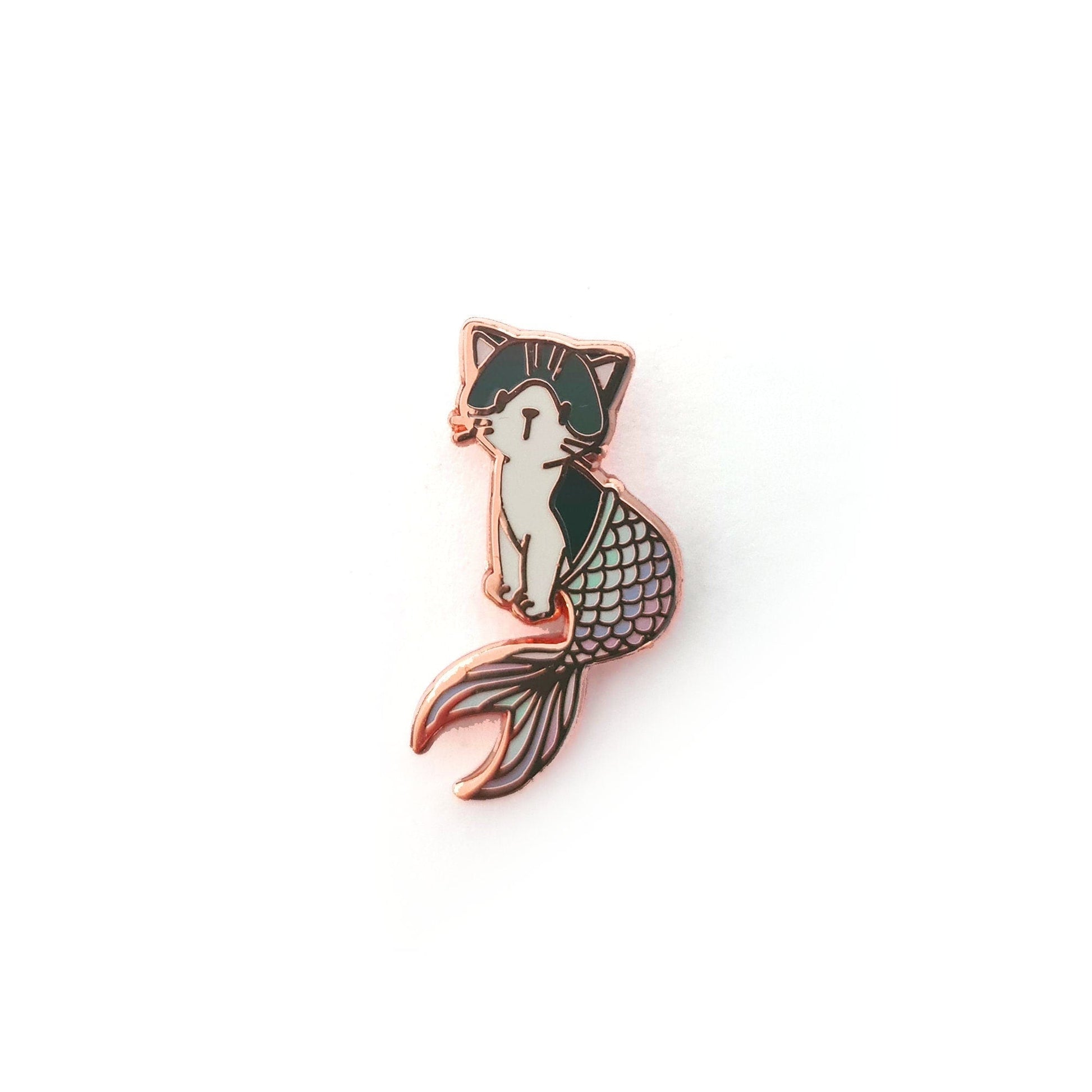Purrmaid - Small Enamel Pin, Grey & White Cat with Pastel Mermaid Tail, Pins, Brooches & Lapel Pins