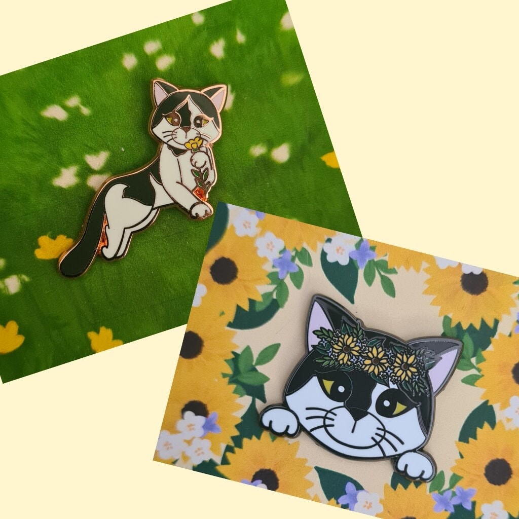 Phobe in Field of Flowers Enamel Pin, Phoebe the CH Kitty Charity Pin, Special Needs Cat Holding Yellow Flower, Pins, Brooches & Lapel Pins