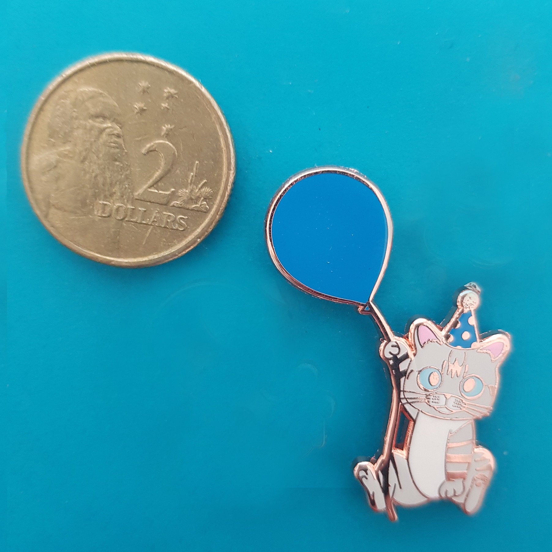 Roo&#39;s First Birthday Enamel Pin (hard enamel pin, cat with party hat and balloon), Pins, Brooches & Lapel Pins