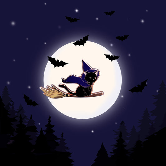 Flying Broomstick Witch Kitty Pin
