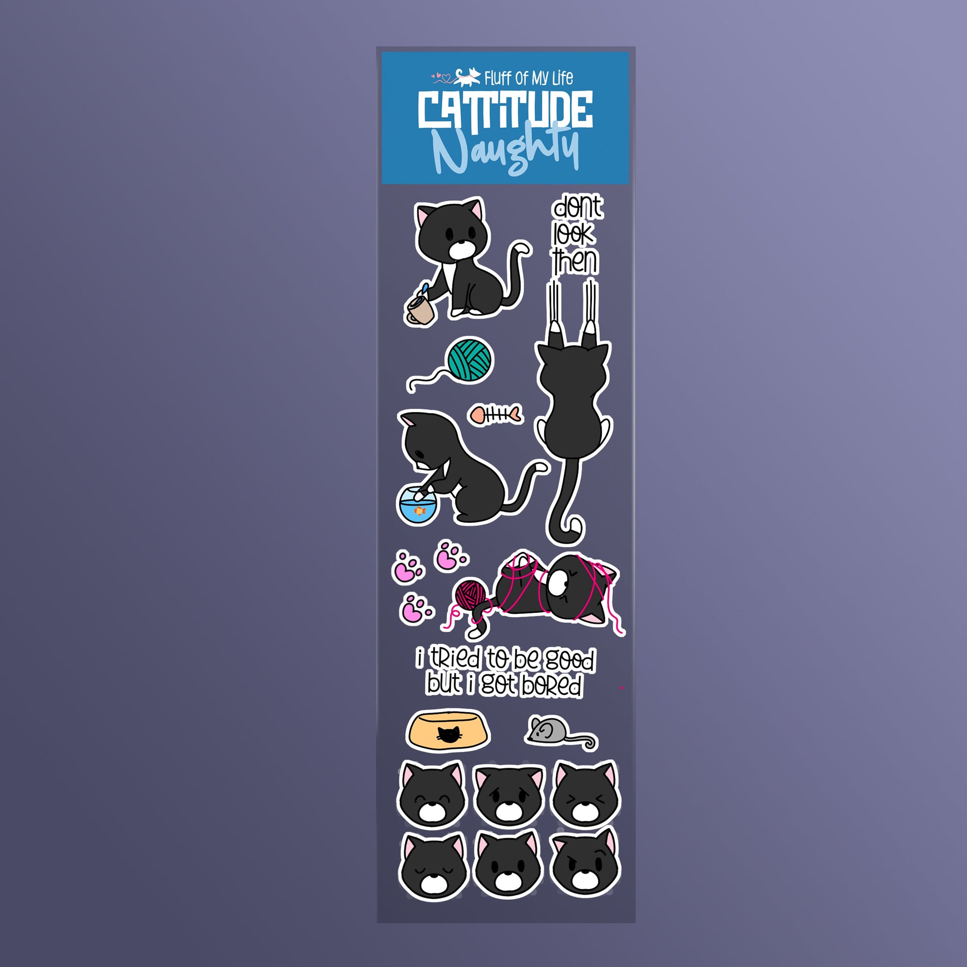 Sticker Sheet - Cattitude, Naughty Cat (2" x 7")