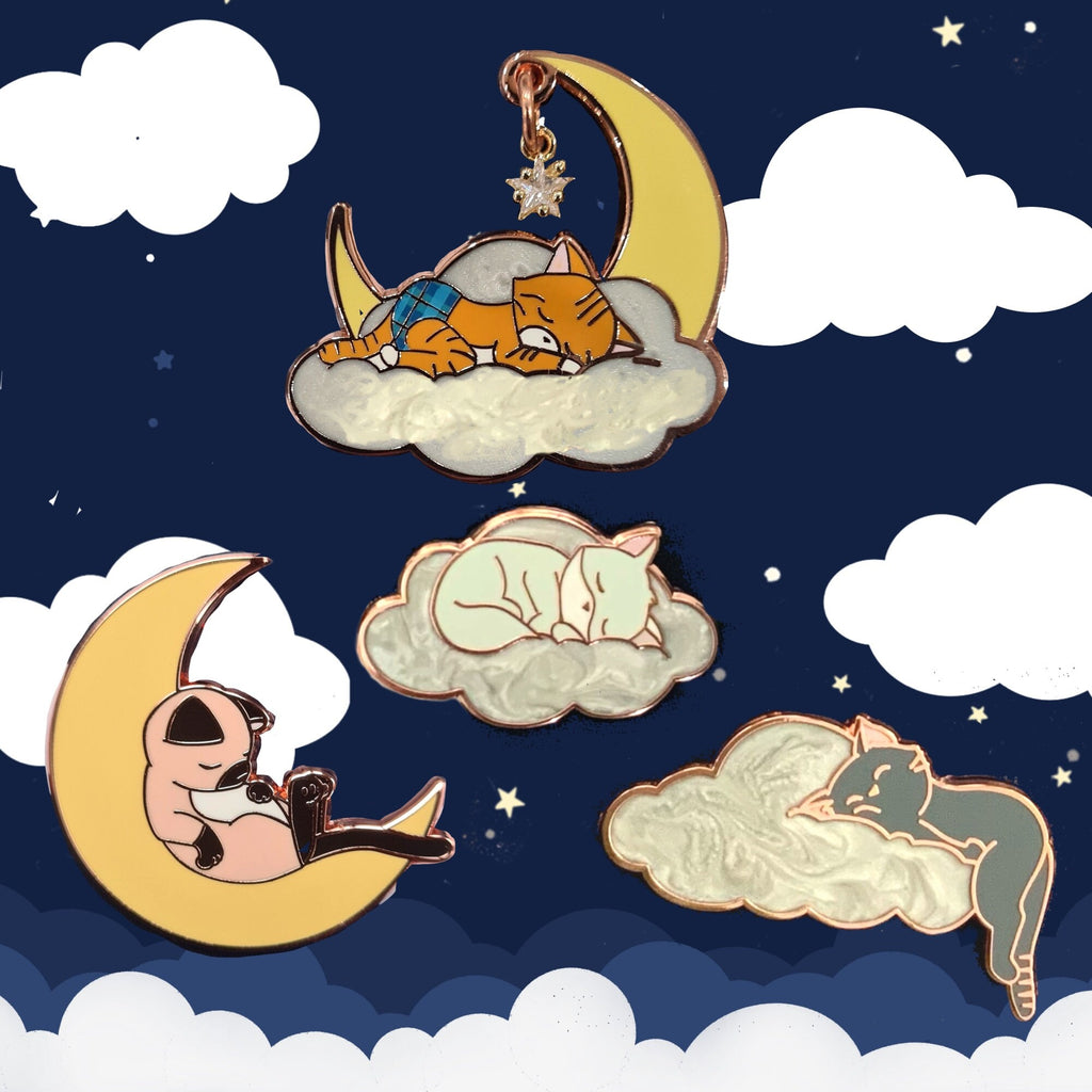 Sleeping Kitty on Moon Pin