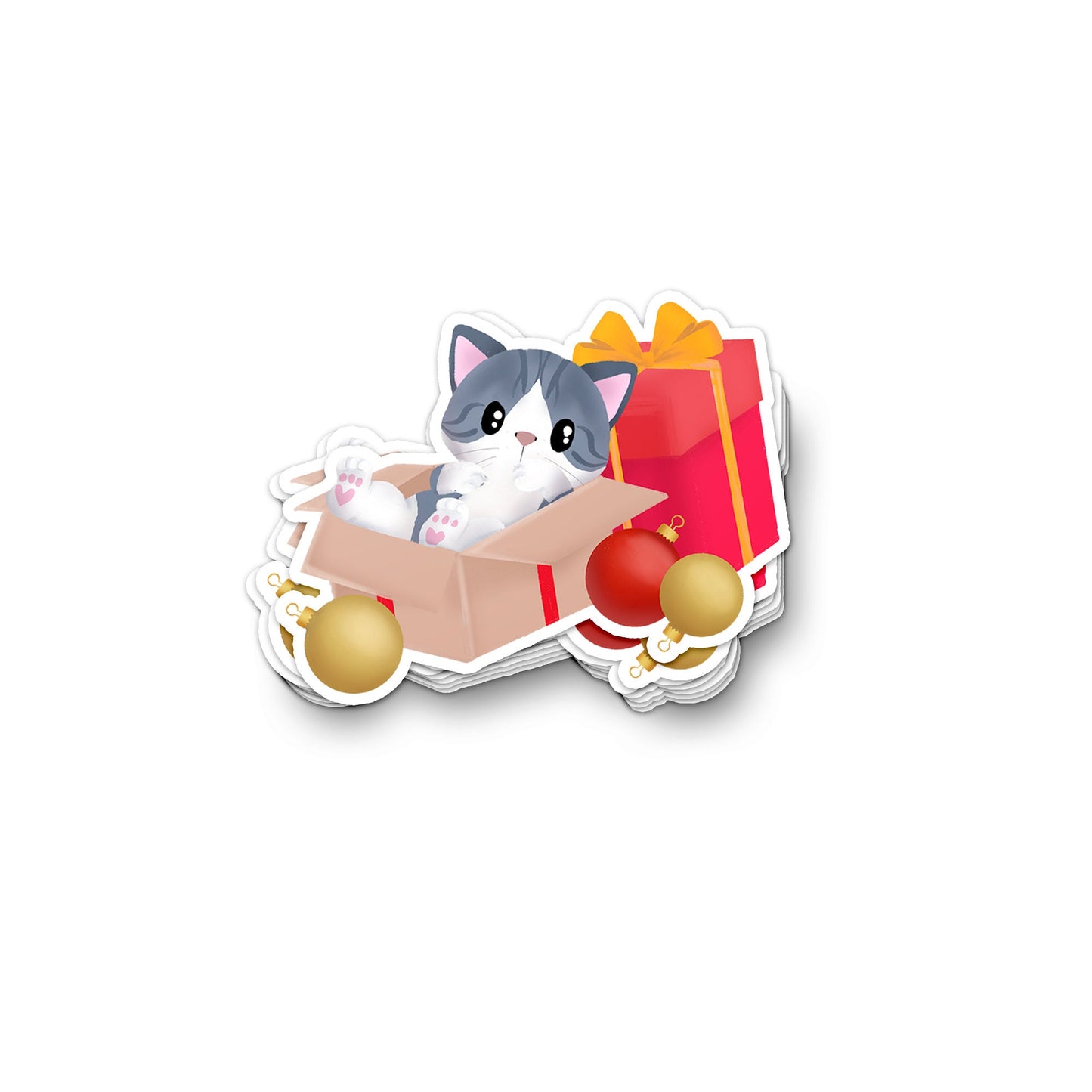 Xmas Vinyl Sticker - Grey Tabby in Christmas Gift Box