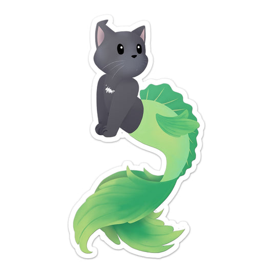 Purrman Oats - Purrmaid of the Month, August 2022 (Black Cat with "Bent" Ear, Lime Mermaid Tail) - Vinyl Sticker