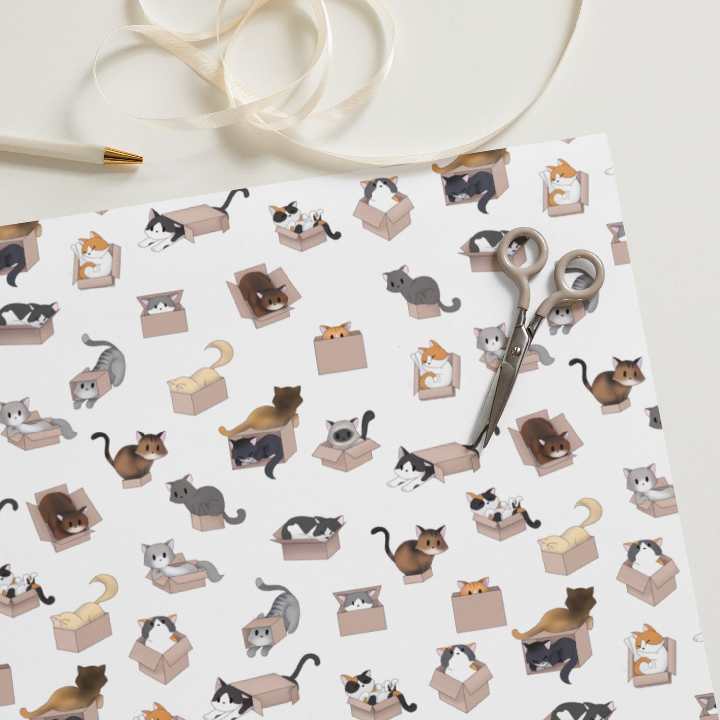 Kitty in a Box Pattern (White) - Wrapping paper sheets