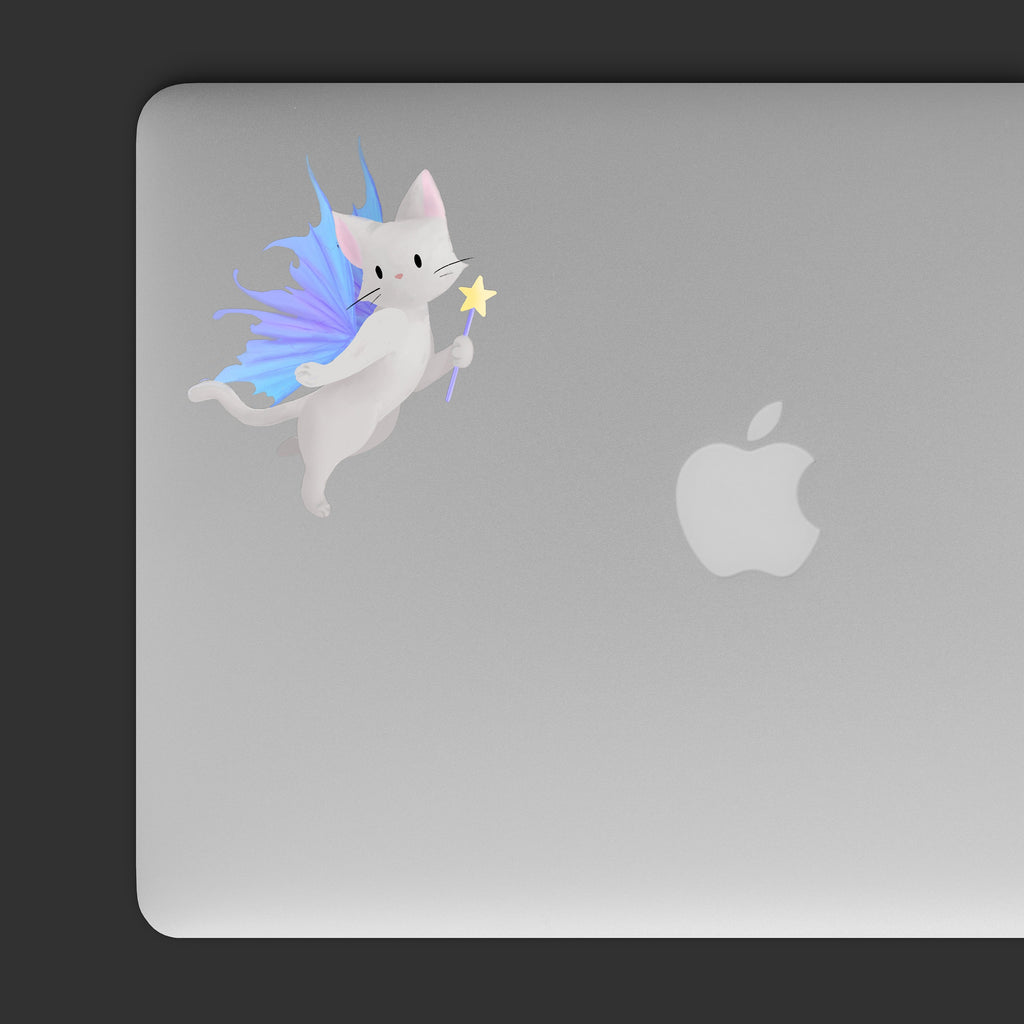 Kiss-cut sticker, Fairy Kitty - light grey cat with blue/purple wings, holding a magic stick.