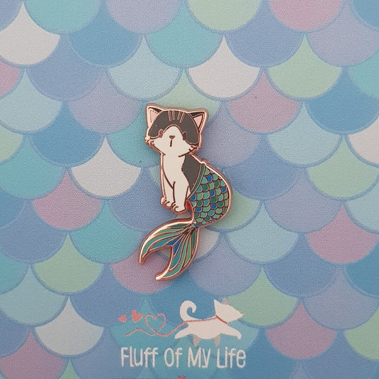 Purrmaid I - Small Enamel Pin (Cat Mermaid, Grey Tabby Cat with Aqua/Green/Blue Tail), Pins, Brooches & Lapel Pins