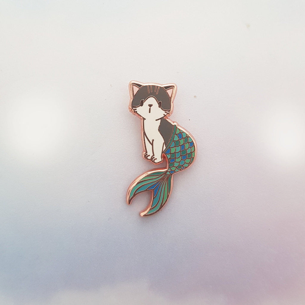 Purrmaid I - Small Enamel Pin (Cat Mermaid, Grey Tabby Cat with Aqua/Green/Blue Tail), Pins, Brooches & Lapel Pins