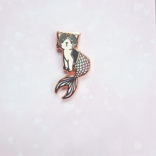 Purrmaid - Small Enamel Pin, Grey & White Cat with Pastel Mermaid Tail, Pins, Brooches & Lapel Pins