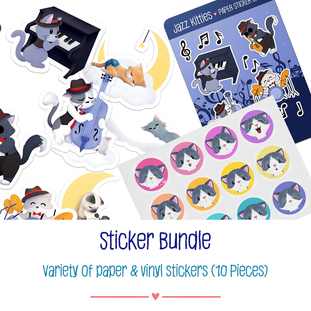 Cute Kitty Sticker Bundle - Variety of Cute Cat Themed Vinyl & Paper Stickers (10 pieces), Stickers, Decorative Stickers