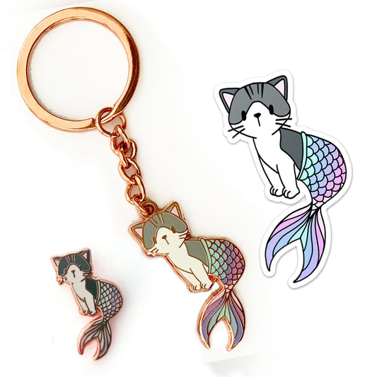 Pastel Purrmaid Set (Enamel Pin, Keychain & Sticker), Pins, Keychains