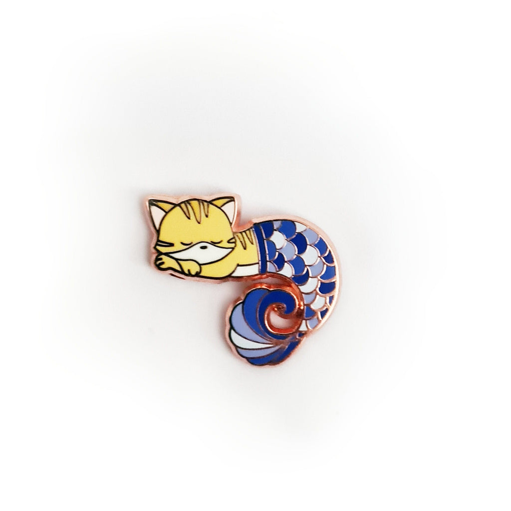 Purrmaid V - Enamel Pin, Sleeping Ginger Tabby Cat with Blue/Purple Mermaid Tail - Small 1&quot; Enamel Pin, Pins, Brooches & Lapel Pins