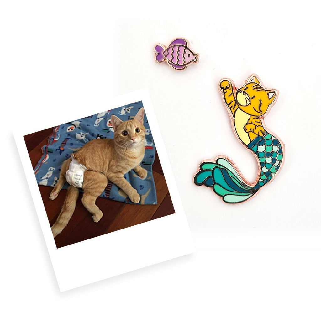 Purrman Jude (Purrmaid of the Month, January 2002)- Small Enamel Pin + Bonus Fishy Mini Pin, Charity Pin, Pins, Brooches & Lapel Pins