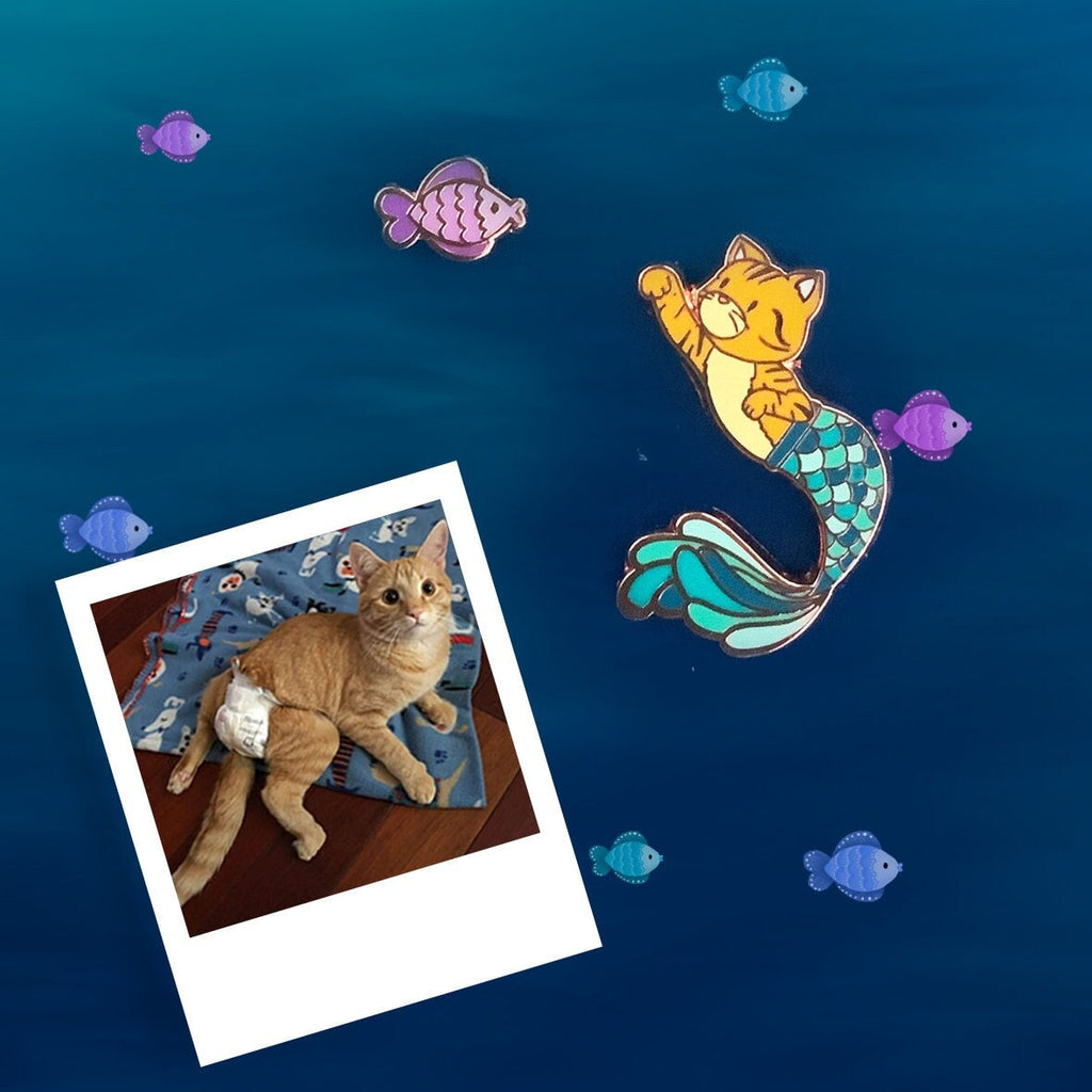 Purrman Jude (Purrmaid of the Month, January 2002)- Small Enamel Pin + Bonus Fishy Mini Pin, Charity Pin, Pins, Brooches & Lapel Pins