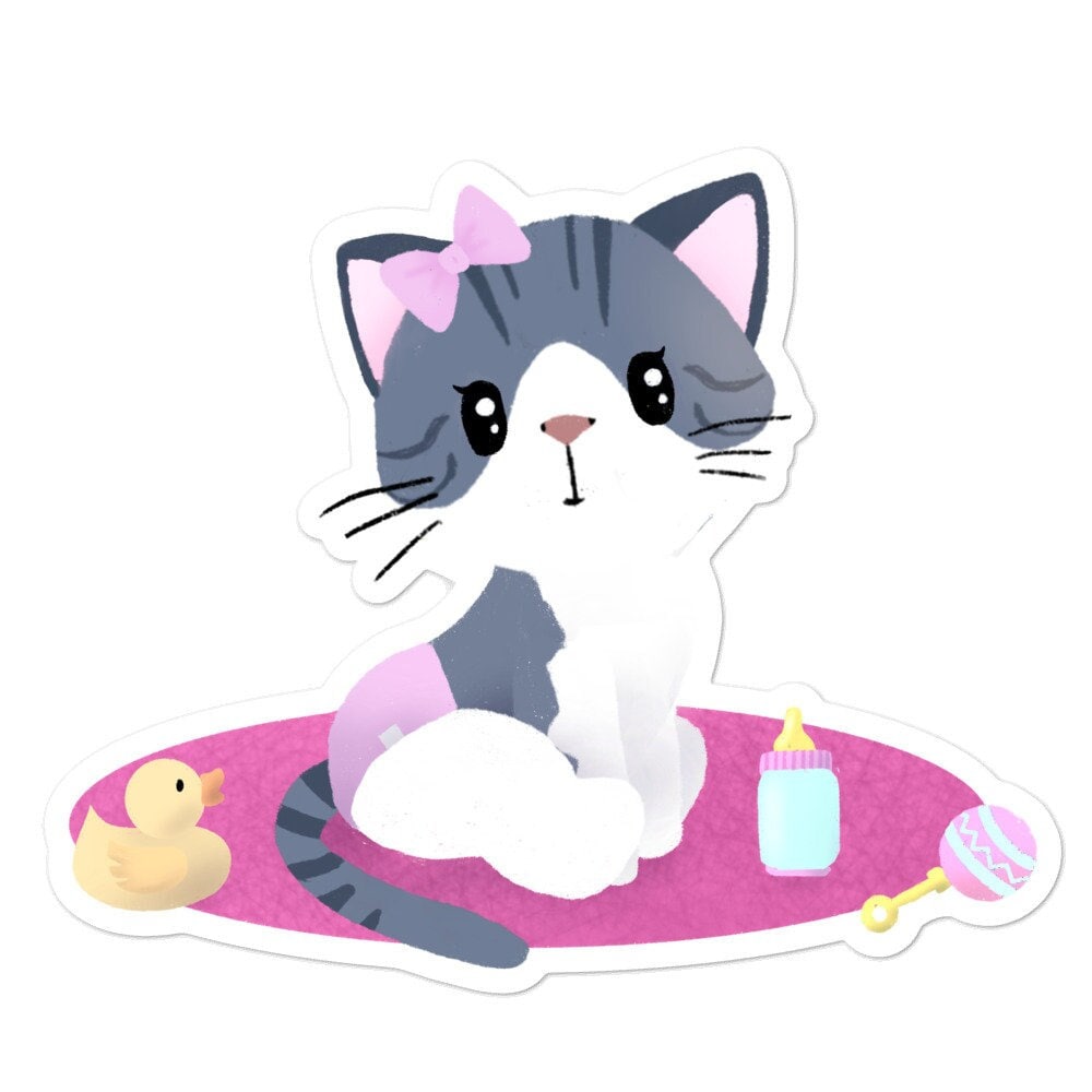 Baby Kitty on Pink Mat - Vinyl Sticker, Baby Girl, Special Needs Cat, Stickers, Decorative Stickers