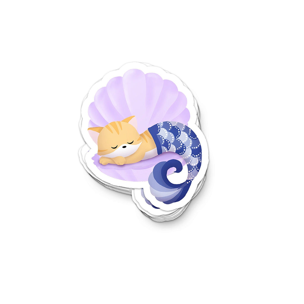 Sleeping Purrmaid on Clam Shell (Ginger Tabby with Lilac/Purple Mermaid Tail) - Vinyl Sticker, Stickers, Decorative Stickers