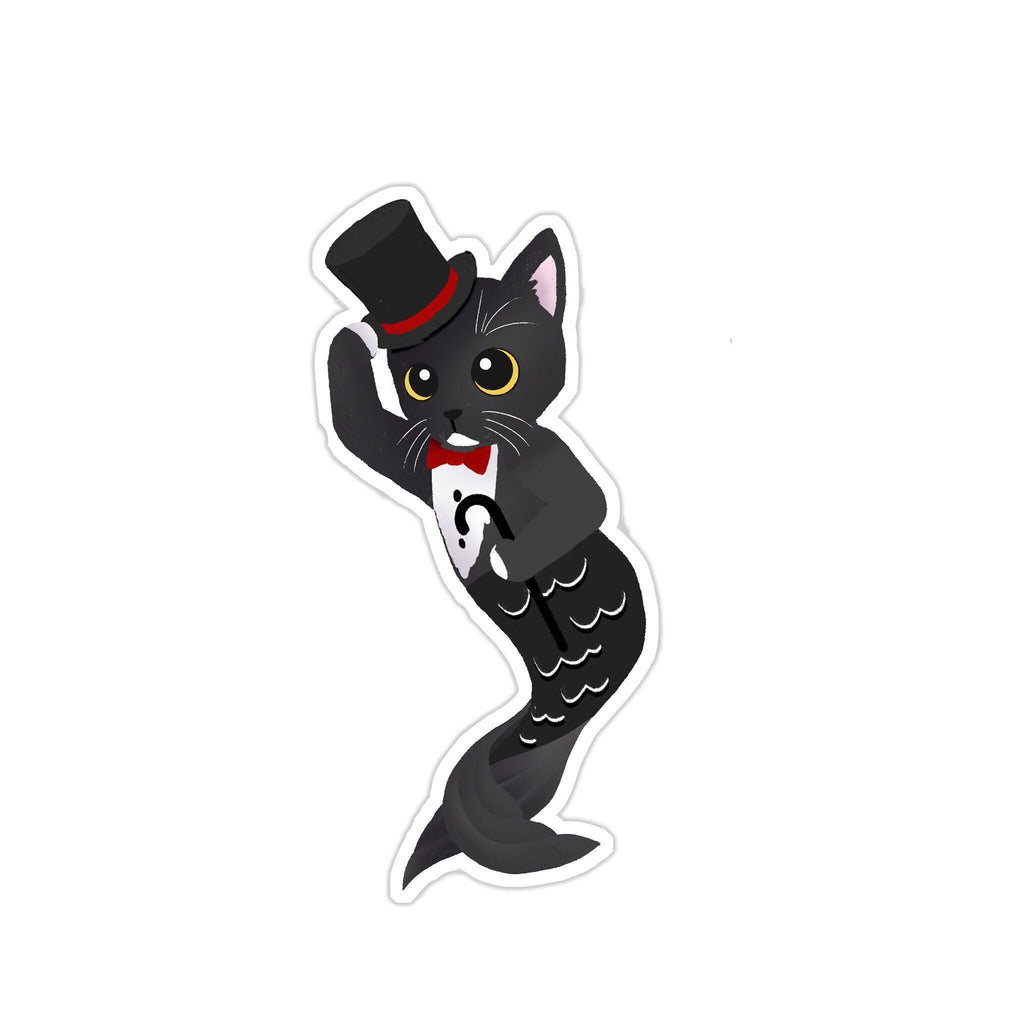 Purrman Dan - Purrmaid of the Month, March 2022(Tuxedo Tabby with Black Mermaid Tail, Top Hat & Cane) - Vinyl Sticker, Stickers, Decorative Stickers