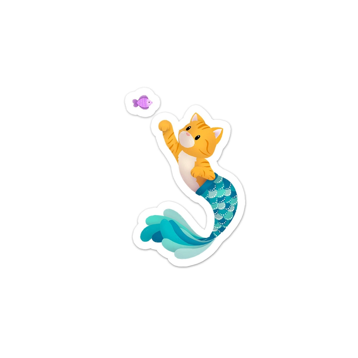 Purrmaid Jude & Purple Fish (Ginger Tabby with Teal Mermaid Tail) - Vinyl Sticker, Stickers, Decorative Stickers