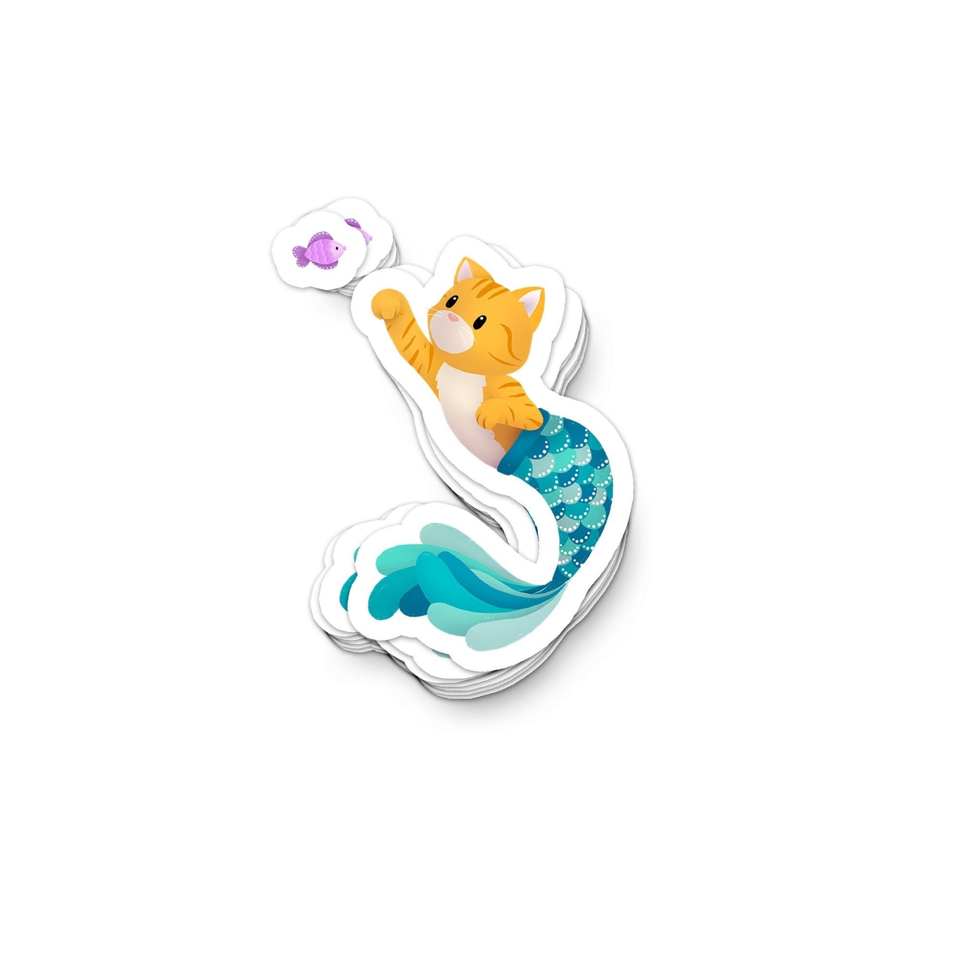 Purrmaid Jude & Purple Fish (Ginger Tabby with Teal Mermaid Tail) - Vinyl Sticker, Stickers, Decorative Stickers