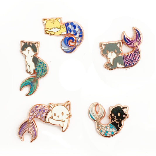 Purrmaids, Set of 5 - Small 1&quot; Enamel Pins, Pins, Brooches & Lapel Pins