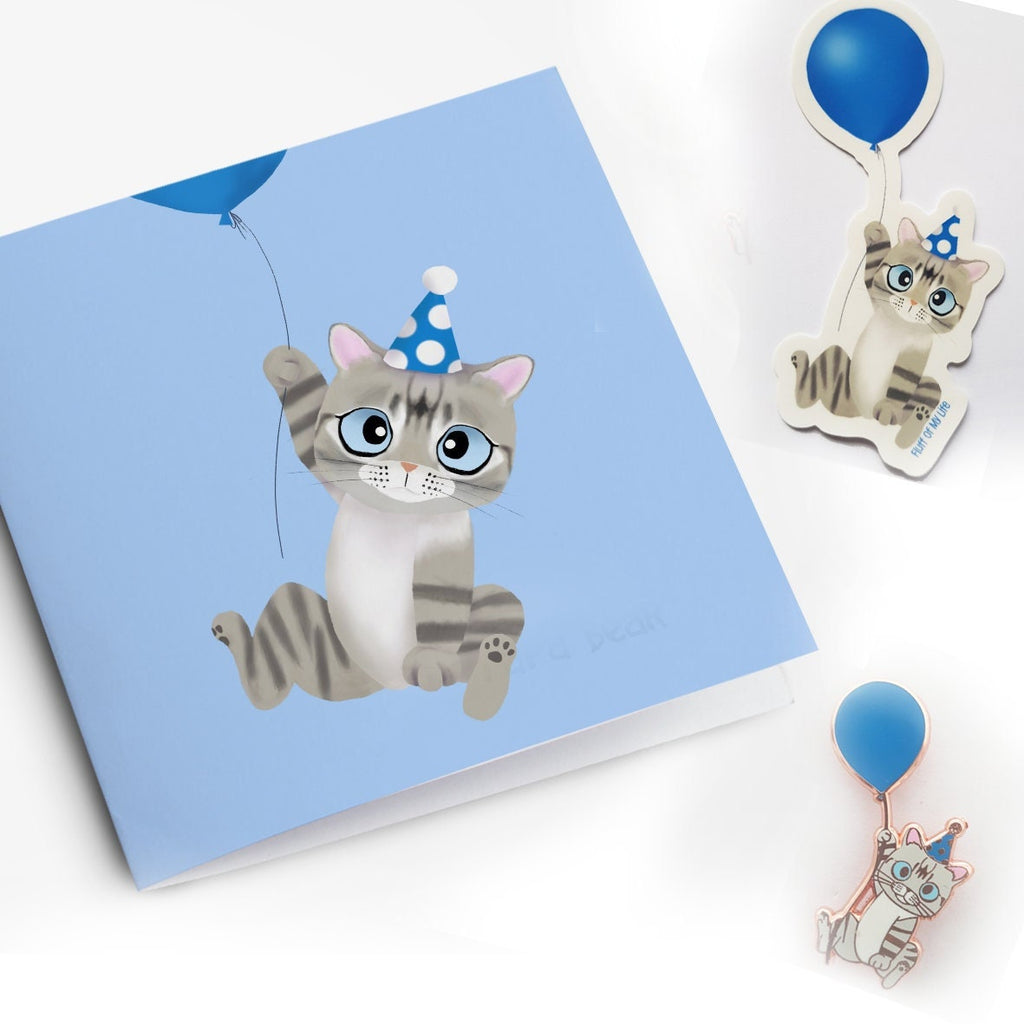 Cute Grey Tabby Cat with Blue Balloon, Birthday Greeting Card (feat. Roo the Special Needs Cat), Charity Card, Greeting Cards/Postcards, Greeting & Note Cards