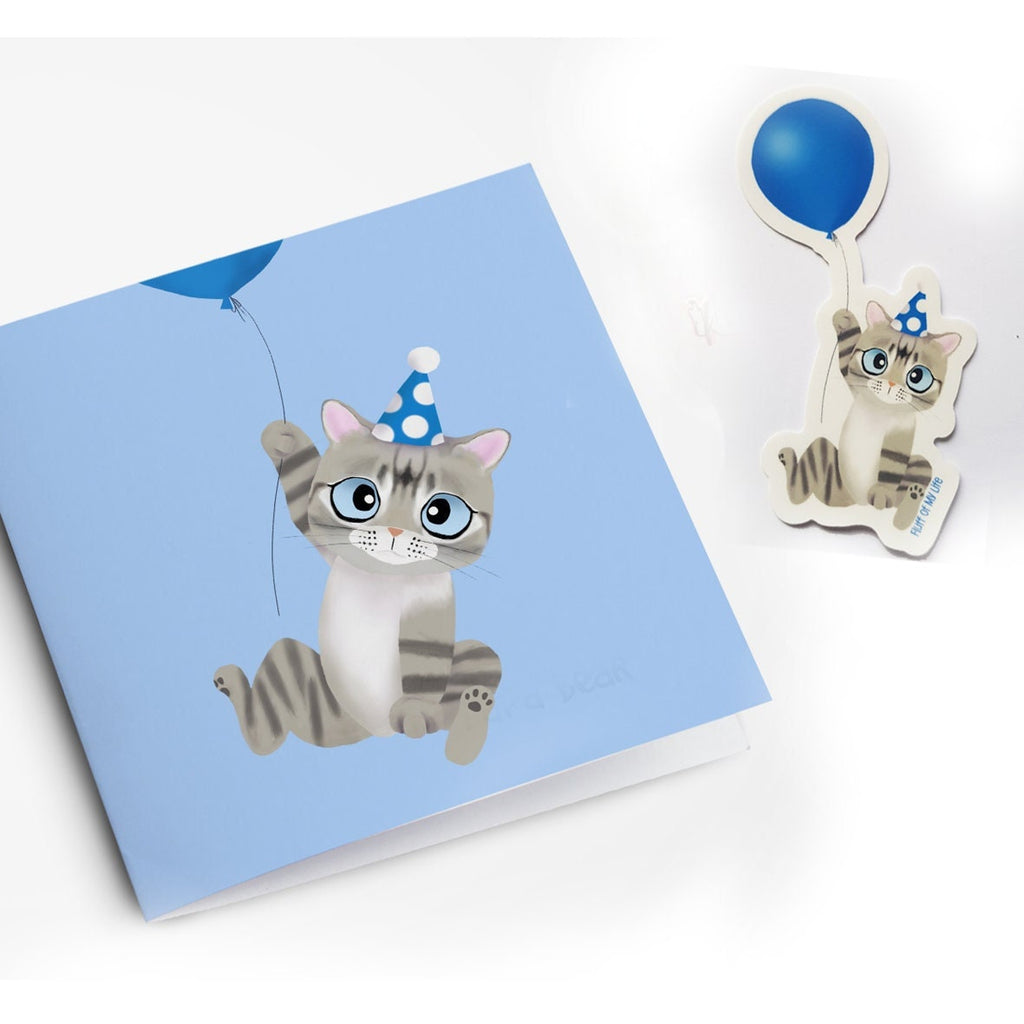 Cute Grey Tabby Cat with Blue Balloon, Birthday Greeting Card (feat. Roo the Special Needs Cat), Charity Card, Greeting Cards/Postcards, Greeting & Note Cards