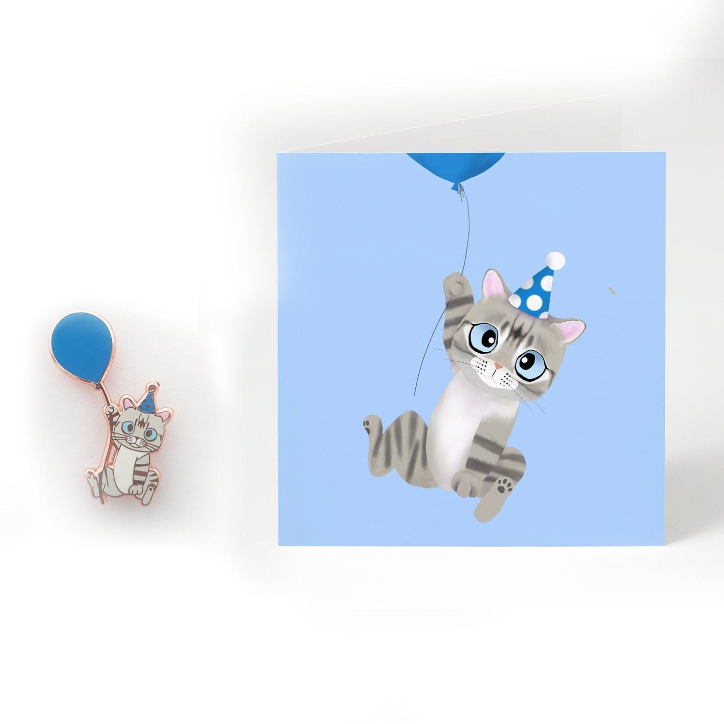 Cute Grey Tabby Cat with Blue Balloon, Birthday Greeting Card (feat. Roo the Special Needs Cat), Charity Card, Greeting Cards/Postcards, Greeting & Note Cards