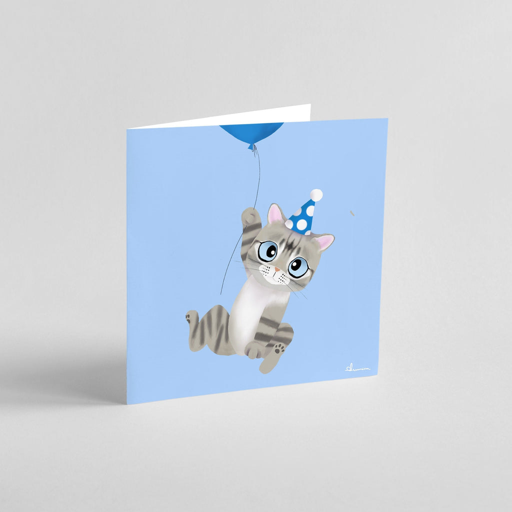 Cute Grey Tabby Cat with Blue Balloon, Birthday Greeting Card (feat. Roo the Special Needs Cat), Charity Card, Greeting Cards/Postcards, Greeting & Note Cards