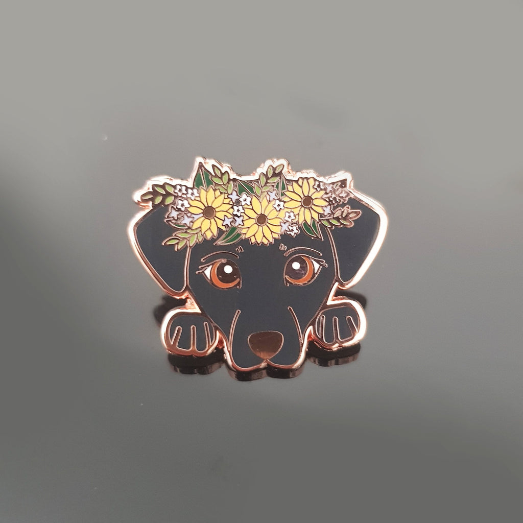 Labrador Pin, Black Lab with Sunflower Crown - Small 1&quot; Enamel Pin, Pins, Brooches & Lapel Pins