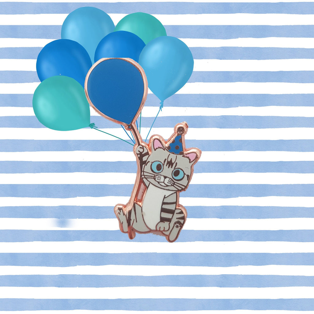 Roo&#39;s First Birthday Enamel Pin (hard enamel pin, cat with party hat and balloon), Pins, Brooches & Lapel Pins