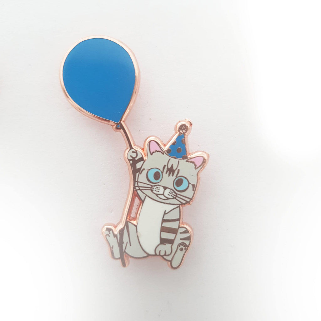 Roo&#39;s First Birthday Enamel Pin (hard enamel pin, cat with party hat and balloon), Pins, Brooches & Lapel Pins