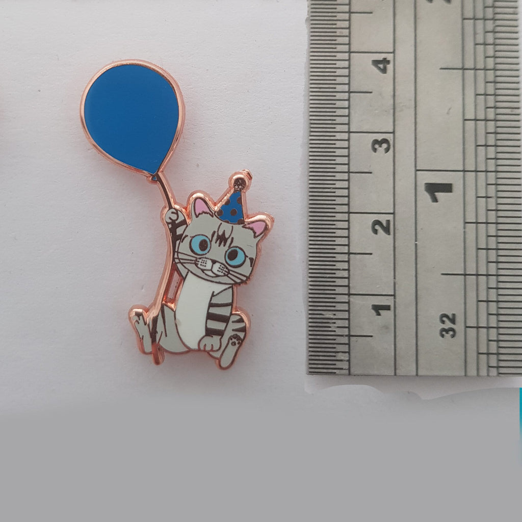 Roo&#39;s First Birthday Enamel Pin (hard enamel pin, cat with party hat and balloon), Pins, Brooches & Lapel Pins