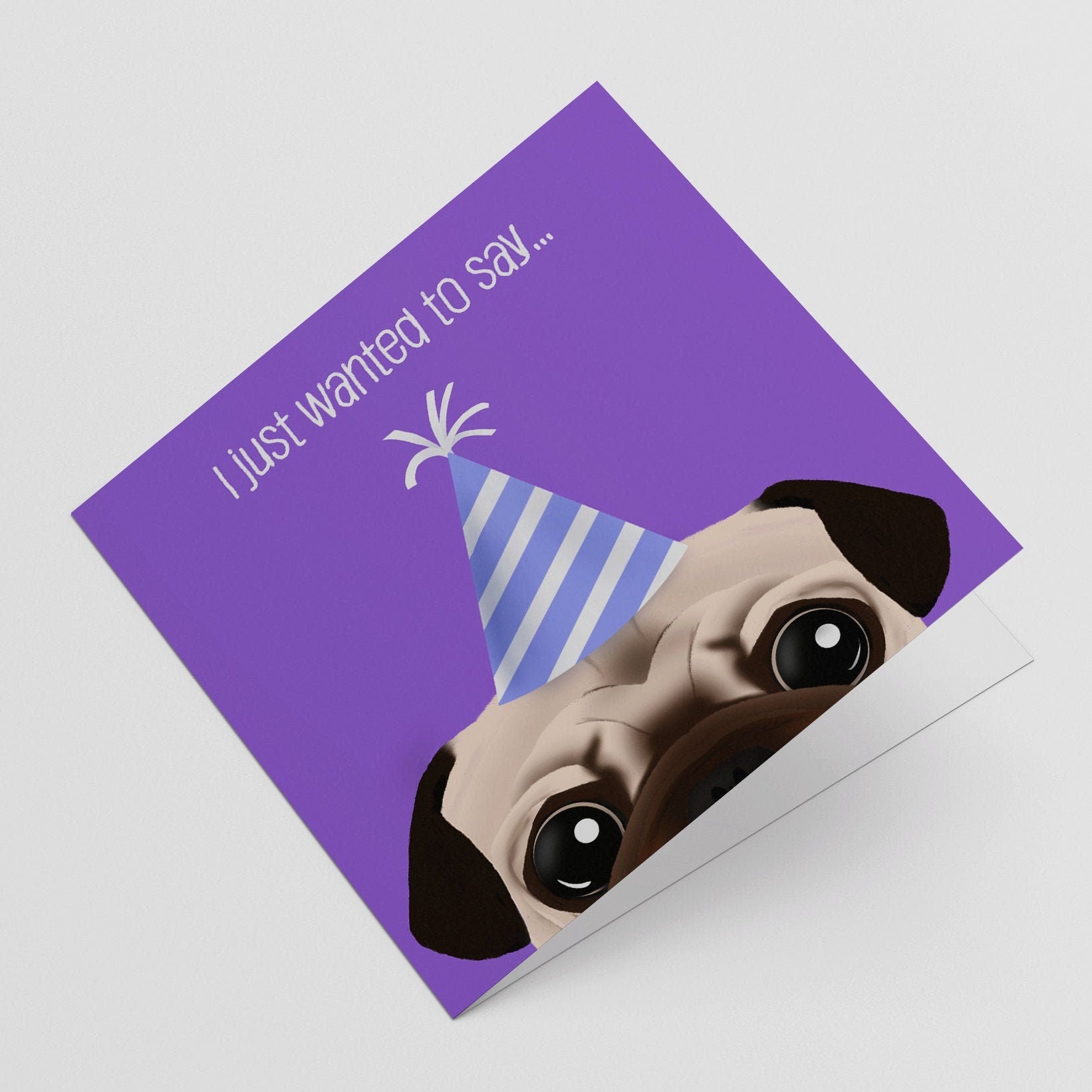 Pug Party Hat Birthday Greeting Card (feat. Farah Shufflebottom the Special Needs Pug), Charity Card, Purple Birthday Card, Dog Lover, Greeting Cards/Postcards, Greeting & Note Cards