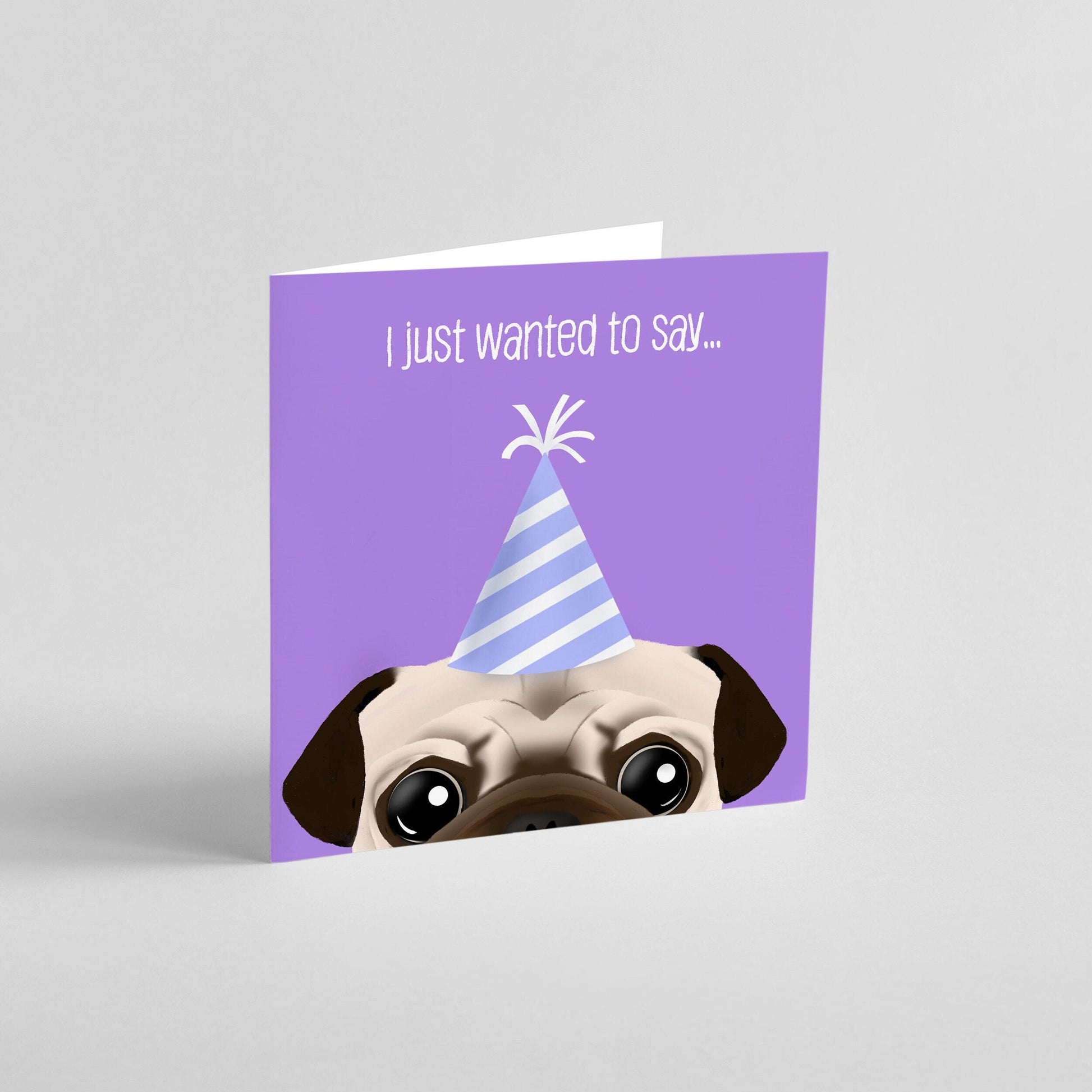 Pug Party Hat Birthday Greeting Card (feat. Farah Shufflebottom the Special Needs Pug), Charity Card, Purple Birthday Card, Dog Lover, Greeting Cards/Postcards, Greeting & Note Cards