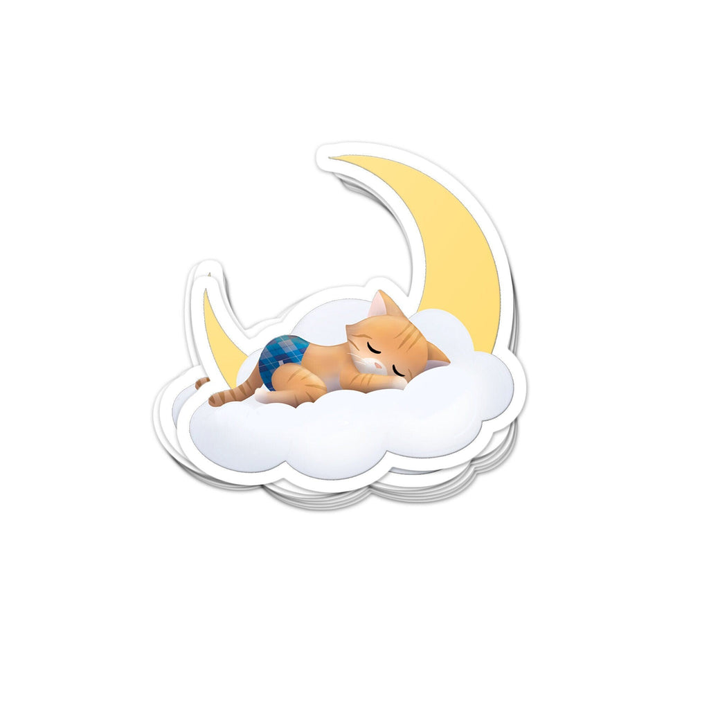 Sleeping Kitties - Reecie - Vinyl Sticker, Sleeping Ginger Tabby Cat on Cloud with Moon, Stickers, Decorative Stickers