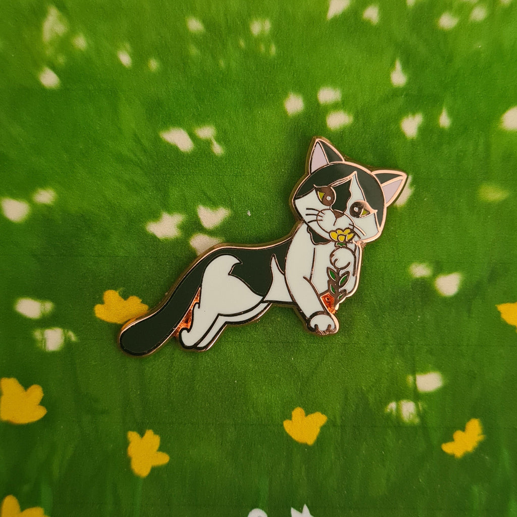 Phobe in Field of Flowers Enamel Pin, Phoebe the CH Kitty Charity Pin, Special Needs Cat Holding Yellow Flower, Pins, Brooches & Lapel Pins