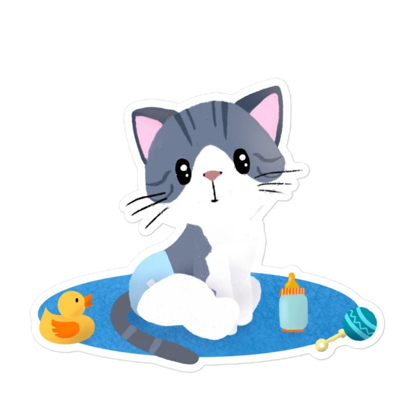 Baby Kitty on Blue Mat - Vinyl Sticker, Stickers, Decorative Stickers