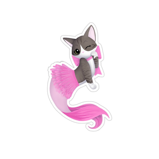 Purrmaid Aoife (Grey Tabby with Pink Mermaid Tail) - Vinyl Sticker, Stickers, Decorative Stickers