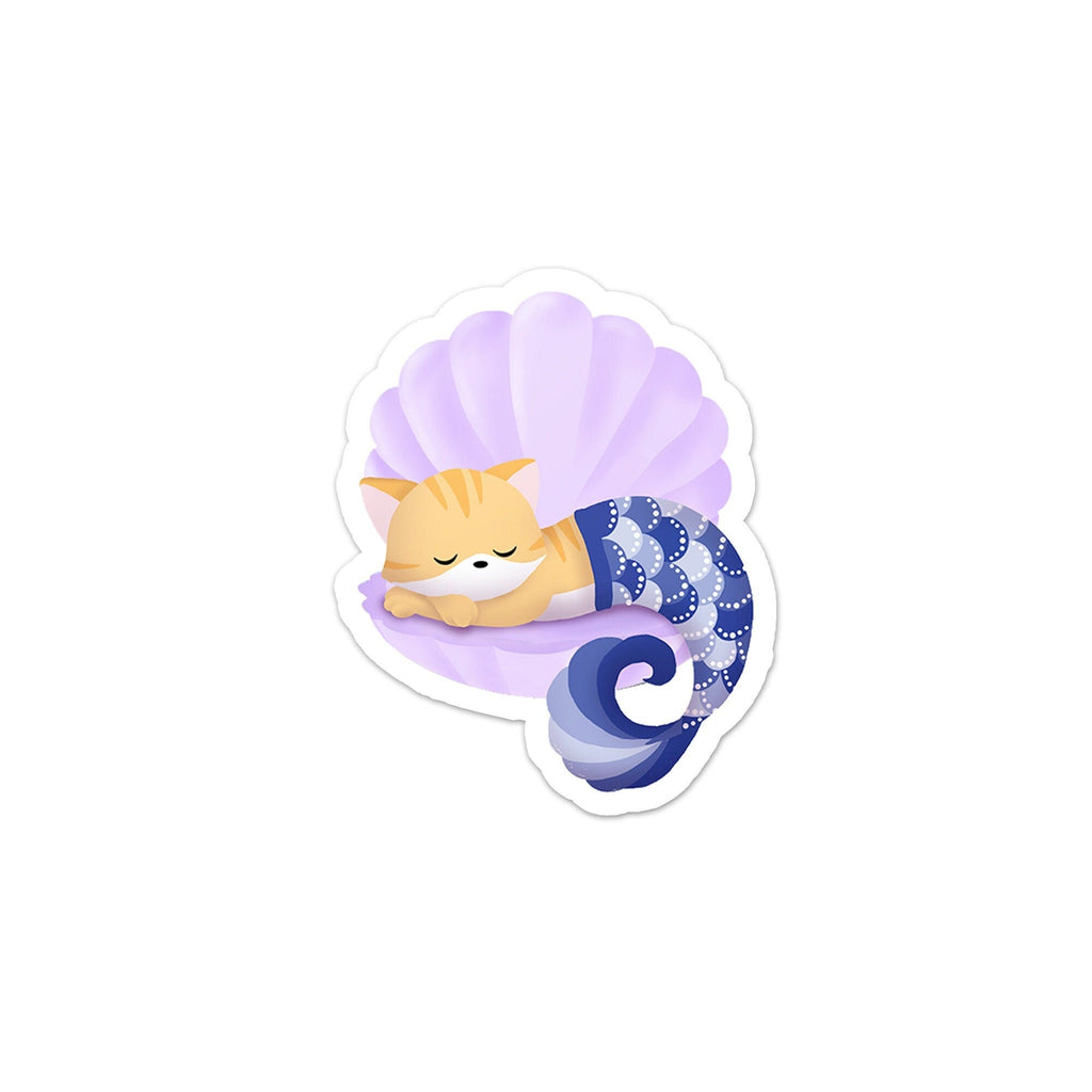 Sleeping Purrmaid on Clam Shell (Ginger Tabby with Lilac/Purple Mermaid Tail) - Vinyl Sticker, Stickers, Decorative Stickers