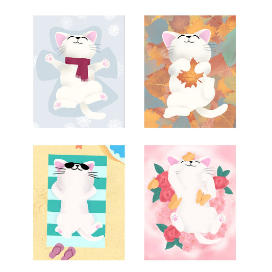 Kitty in Season (Autumn, Spring, Summer, Winter) Postcard Set of 4, Greeting Cards/Postcards, Post Cards