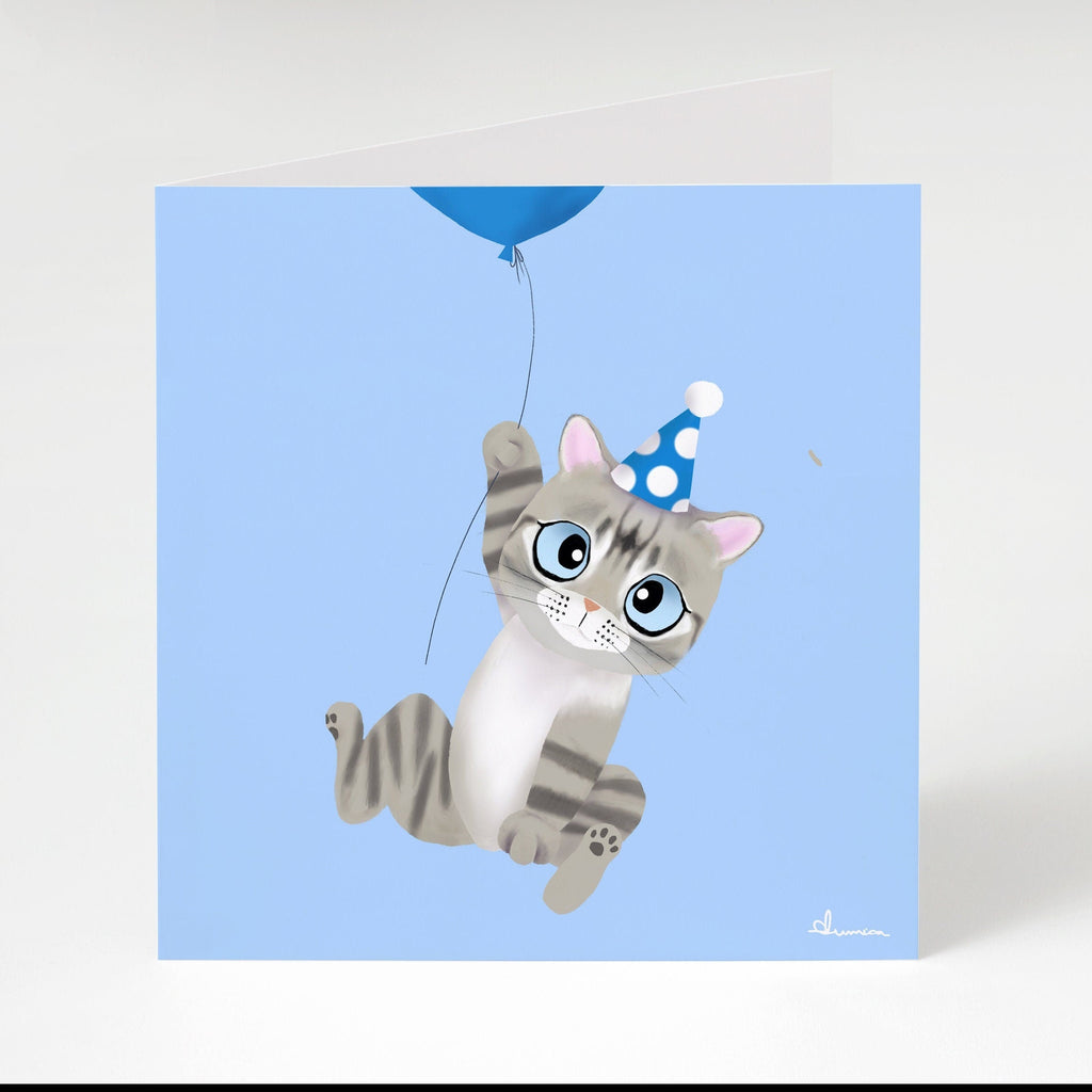 Cute Grey Tabby Cat with Blue Balloon, Birthday Greeting Card (feat. Roo the Special Needs Cat), Charity Card, Greeting Cards/Postcards, Greeting & Note Cards