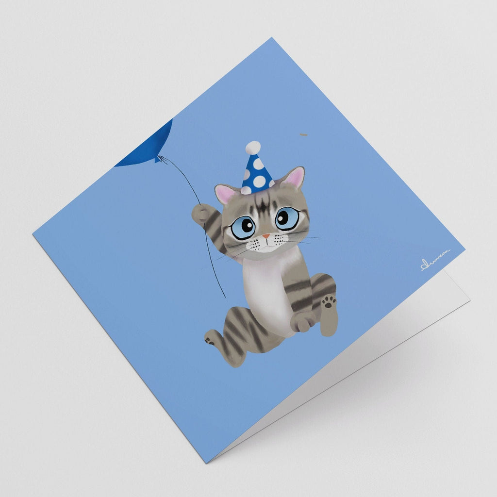 Cute Grey Tabby Cat with Blue Balloon, Birthday Greeting Card (feat. Roo the Special Needs Cat), Charity Card, Greeting Cards/Postcards, Greeting & Note Cards