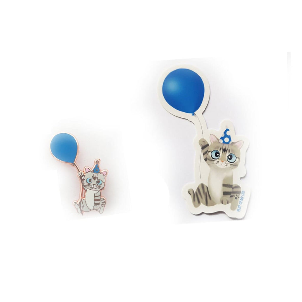 Roo&#39;s First Birthday Enamel Pin (hard enamel pin, cat with party hat and balloon), Pins, Brooches & Lapel Pins