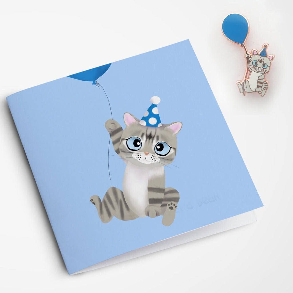 Roo&#39;s First Birthday Enamel Pin (hard enamel pin, cat with party hat and balloon), Pins, Brooches & Lapel Pins