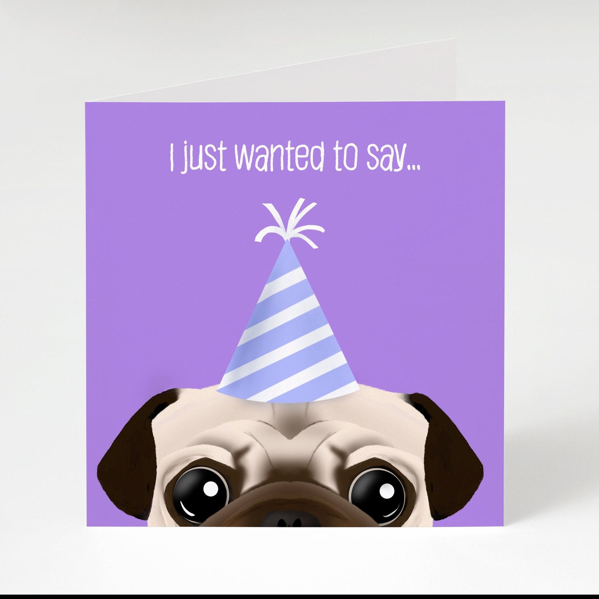 Pug Party Hat Birthday Greeting Card (feat. Farah Shufflebottom the Special Needs Pug), Charity Card, Purple Birthday Card, Dog Lover, Greeting Cards/Postcards, Greeting & Note Cards