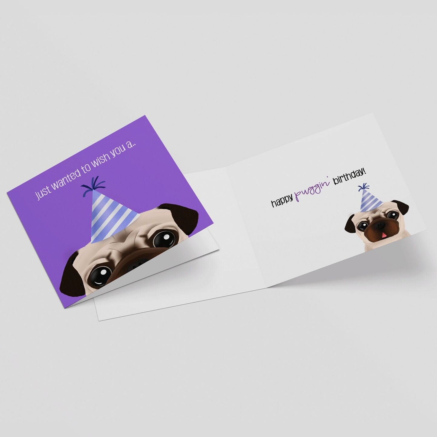 Pug Party Hat Birthday Greeting Card (feat. Farah Shufflebottom the Special Needs Pug), Charity Card, Purple Birthday Card, Dog Lover, Greeting Cards/Postcards, Greeting & Note Cards