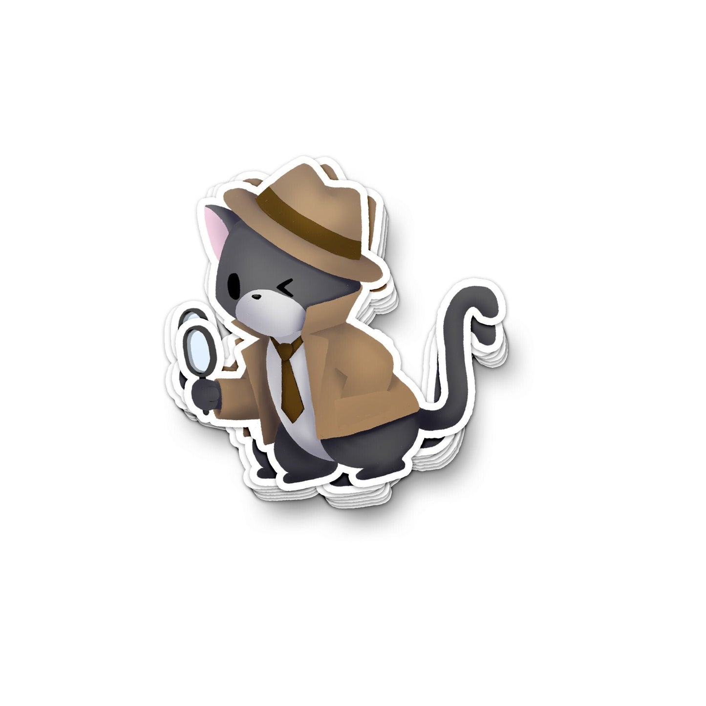 Cat Detective I - Sticker (Grey Cat with Brown Fedora Hat & Coat), Stickers, Decorative Stickers