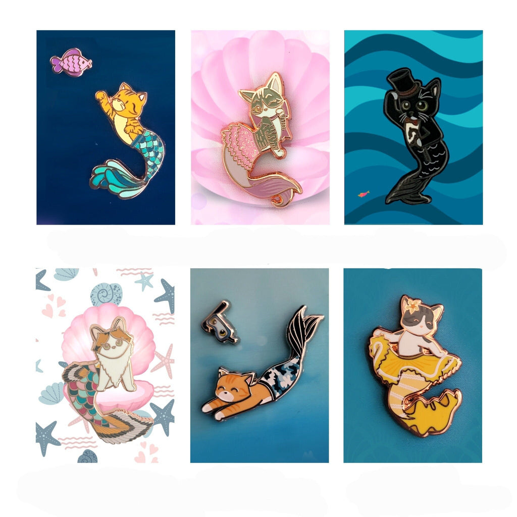 Purrmaid of the Month - Set of 6 (January to June 2022 Purrmaids/Purrmen - Jude, Aoife, Dan, Paisley, Reecie, Scout), Cute Mermaid Cat Pins, Pins, Brooches & Lapel Pins